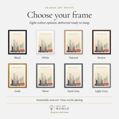 Manchester city skyline art print, frame colour options for the framed print