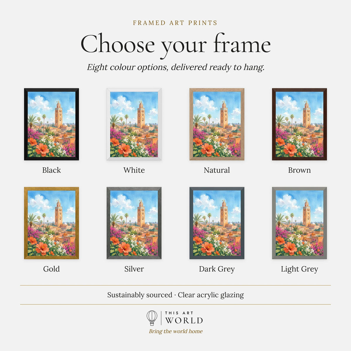 Marrakech Koutoubia Mosque watercolour art print, frame colour options for the framed print