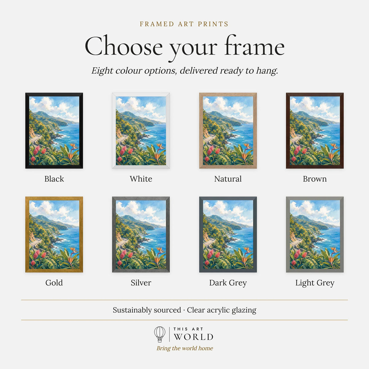 Maui Road to Hana coastline watercolour art print, frame colour options for the framed print