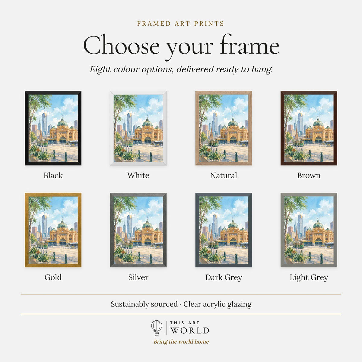 Melbourne Flinders Street Station and tram watercolour art print, frame colour options for the framed print