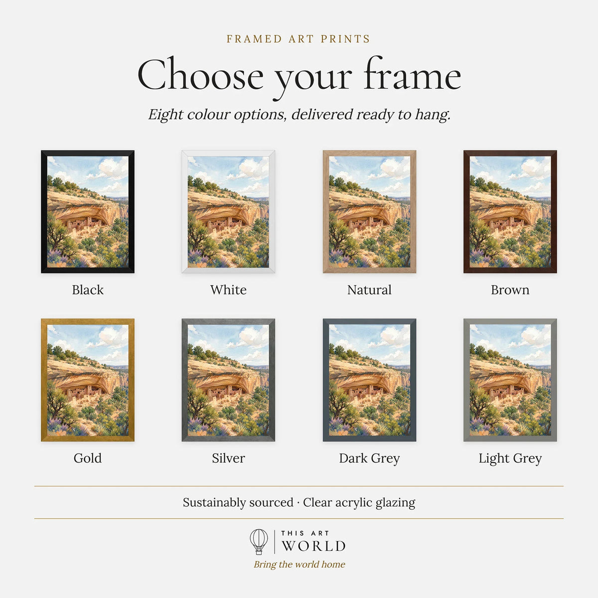 Mesa Verde National Park Cliff Palace dwellings watercolour art print, frame colour options for the framed print