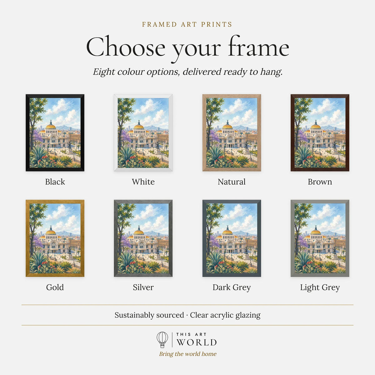 Mexico City Palacio de Bellas Artes watercolour art print, frame colour options for the framed print