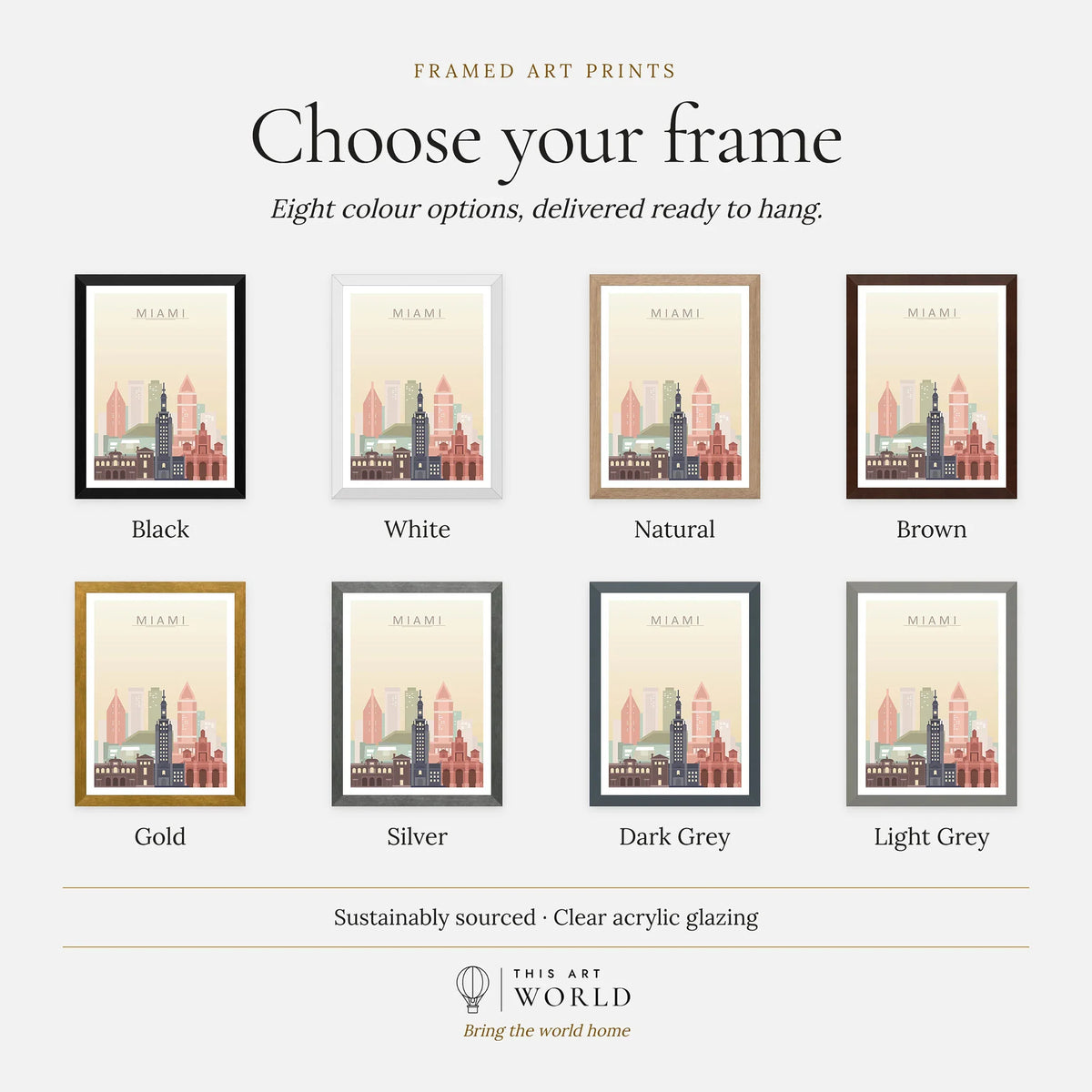 Miami city skyline art print, frame colour options for the framed print