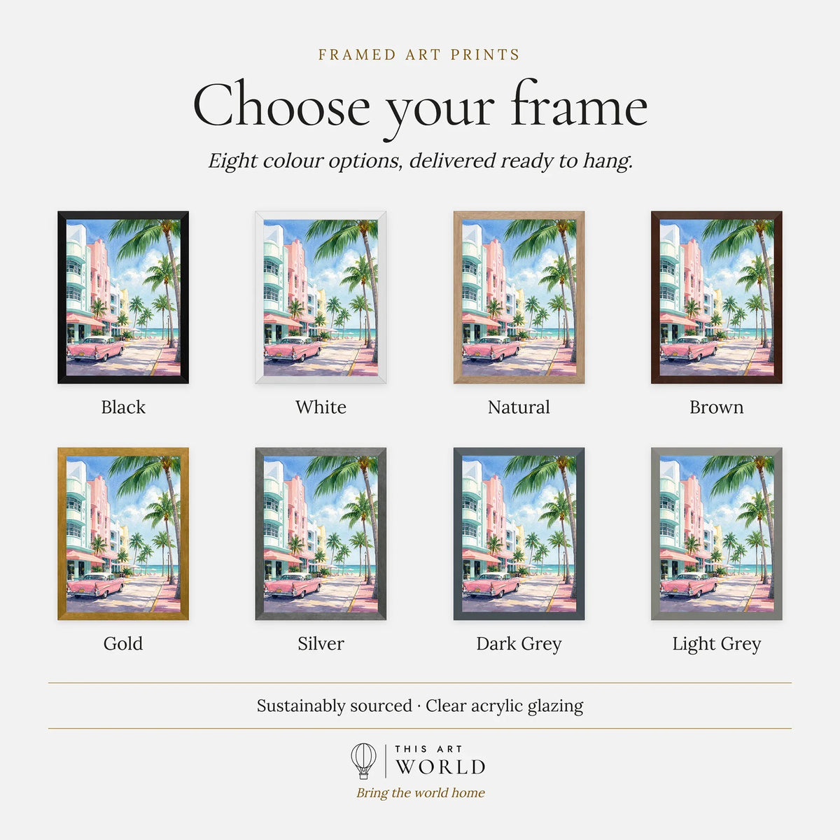 Miami Art Deco Ocean Drive and classic car watercolour art print, frame colour options for the framed print