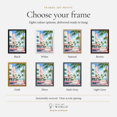 Miami Art Deco Ocean Drive and classic car watercolour art print, frame colour options for the framed print