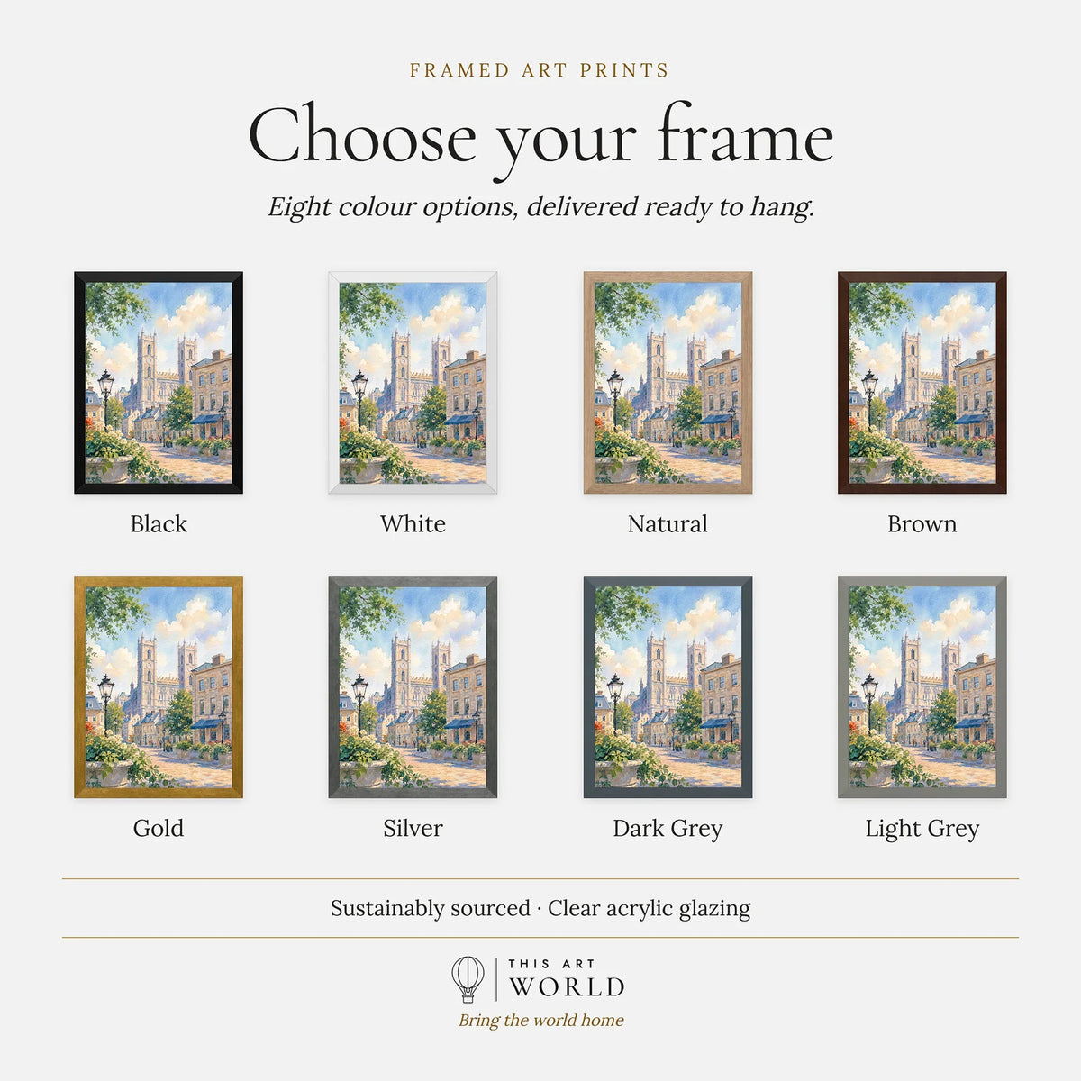 Montreal Notre-Dame Basilica in Old Montreal watercolour art print, frame colour options for the framed print