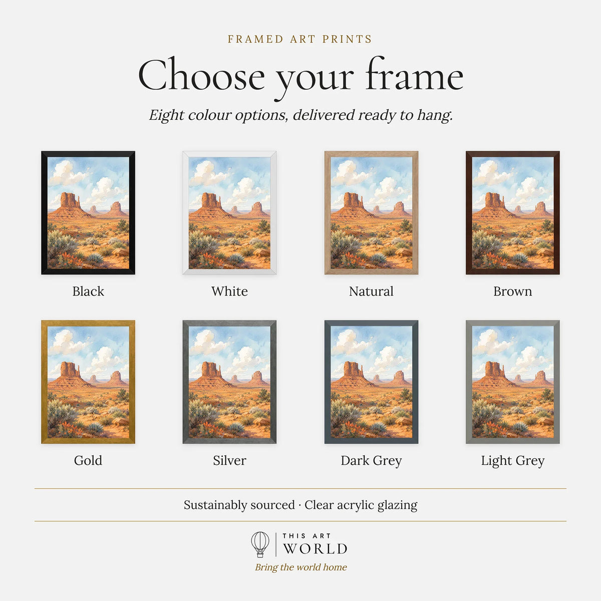 Monument Valley the Mittens buttes watercolour art print, frame colour options for the framed print