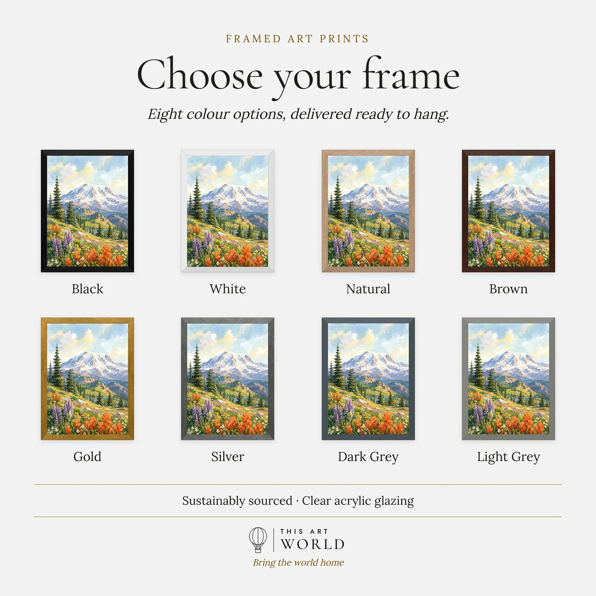 Mount Rainier National Park wildflower meadows watercolour art print, frame colour options for the framed print