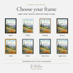 Mount Rainier National Park wildflower meadows watercolour art print, frame colour options for the framed print