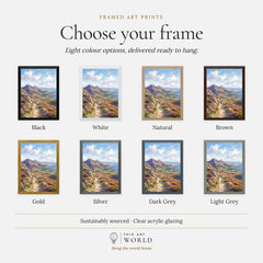 Mourne Mountains mountain path above the sea watercolour art print, frame colour options for the framed print
