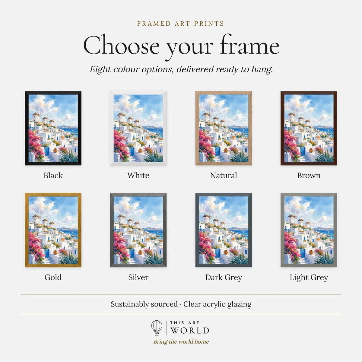 Mykonos windmills and white houses watercolour art print, frame colour options for the framed print