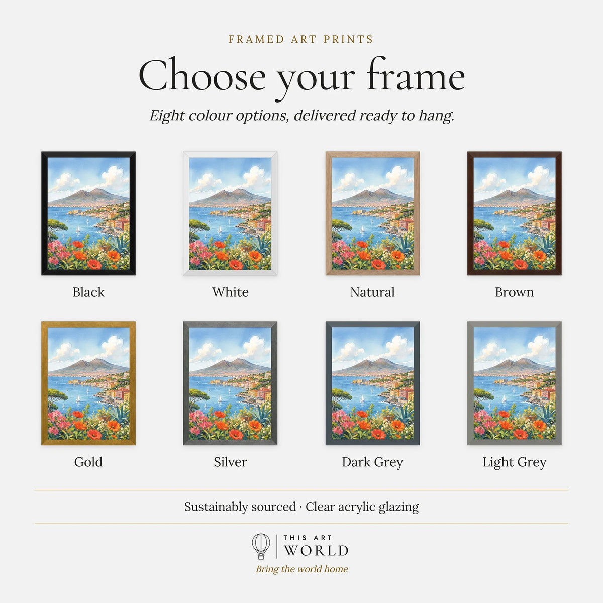 Naples Bay of Naples and Vesuvius watercolour art print, frame colour options for the framed print