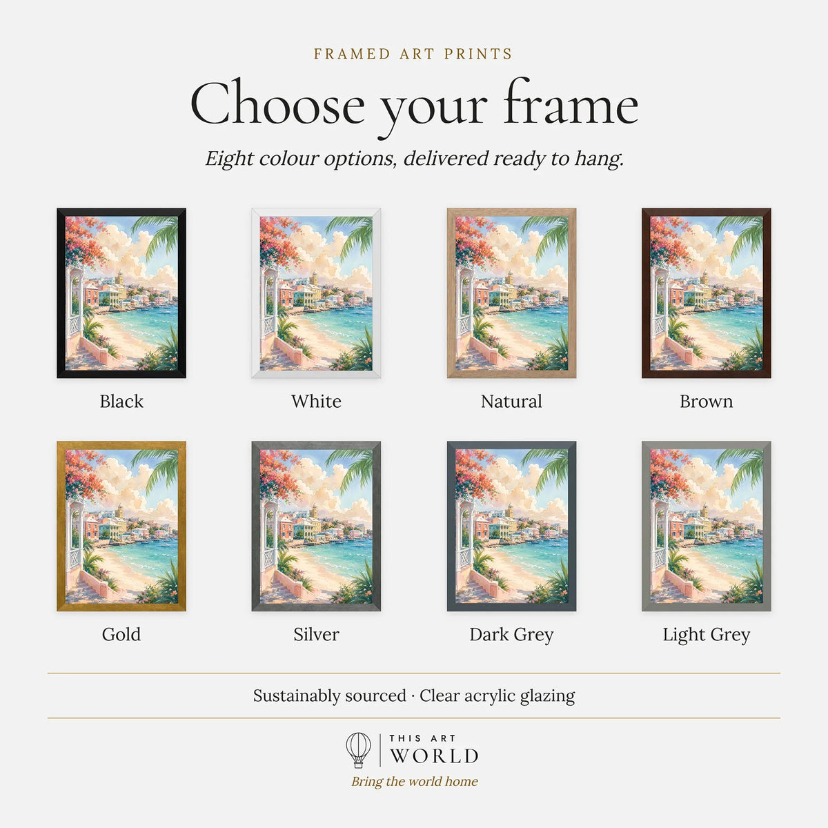 Nassau pastel waterfront and beach watercolour art print, frame colour options for the framed print