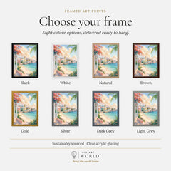 Nassau pastel waterfront and beach watercolour art print, frame colour options for the framed print
