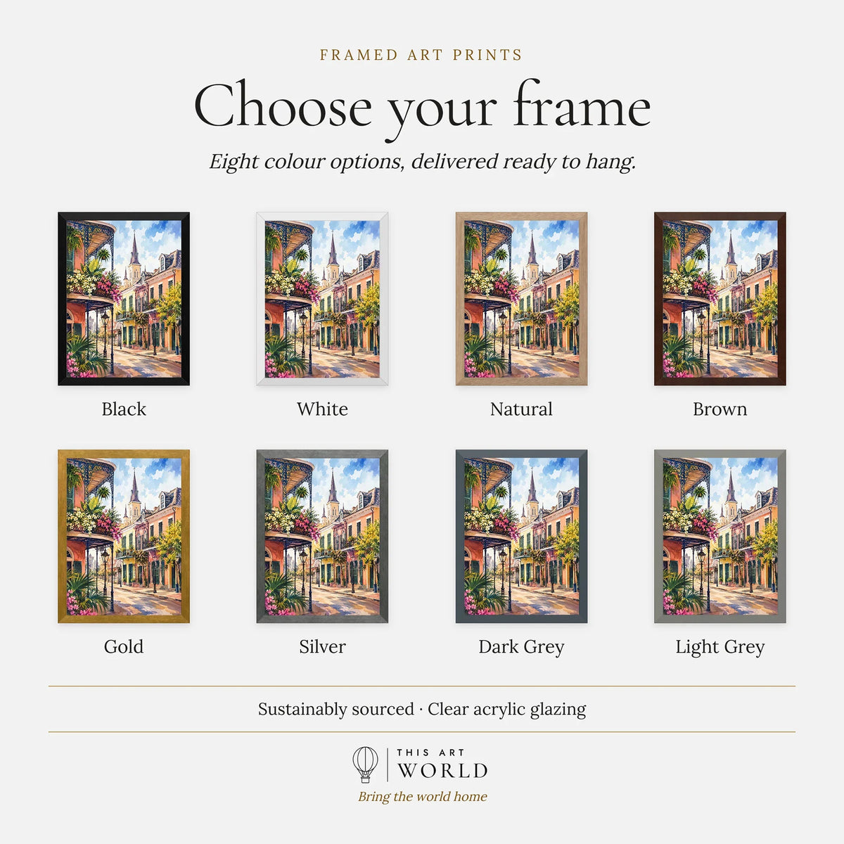 New Orleans French Quarter balconies watercolour art print, frame colour options for the framed print
