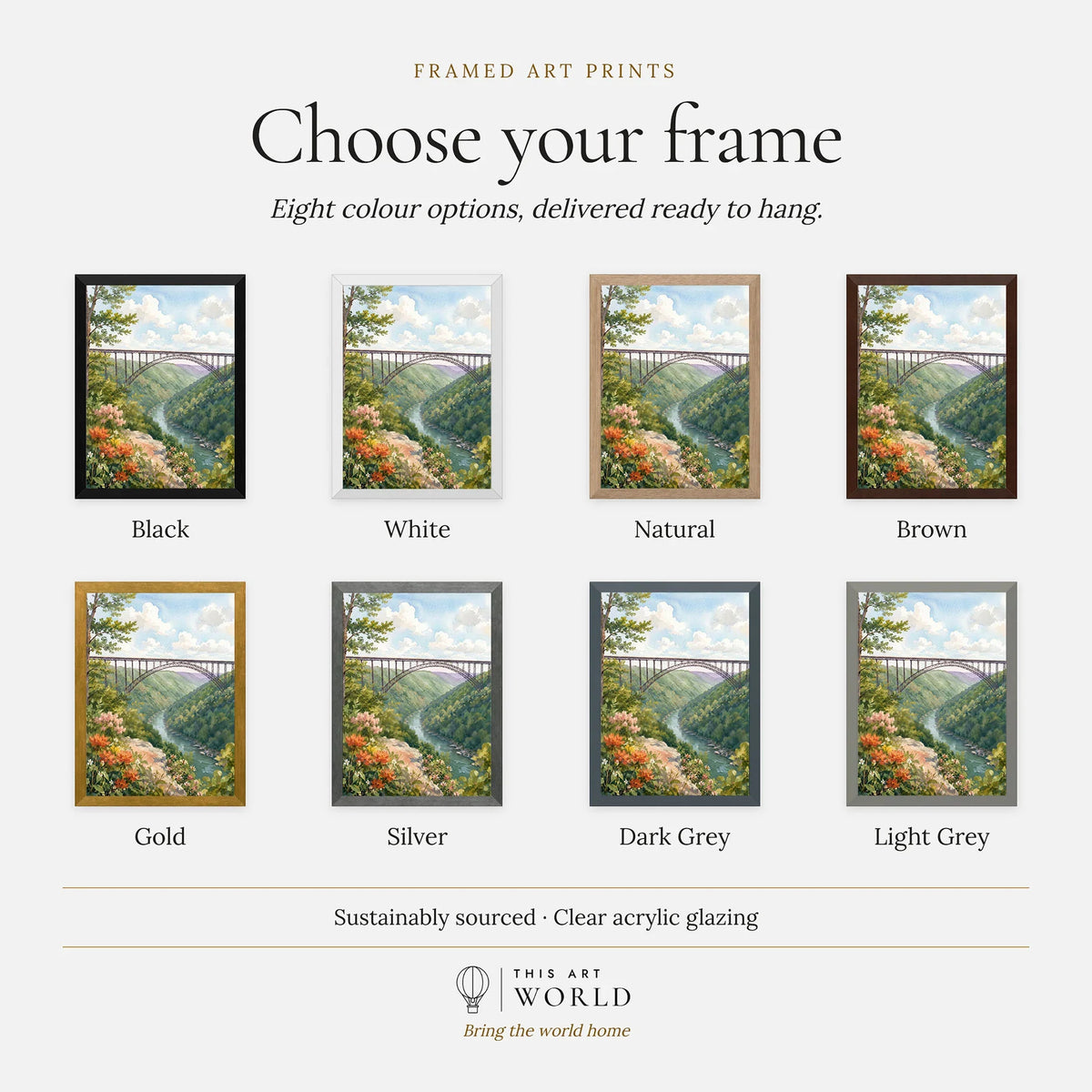New River Gorge National Park New River Gorge Bridge watercolour art print, frame colour options for the framed print
