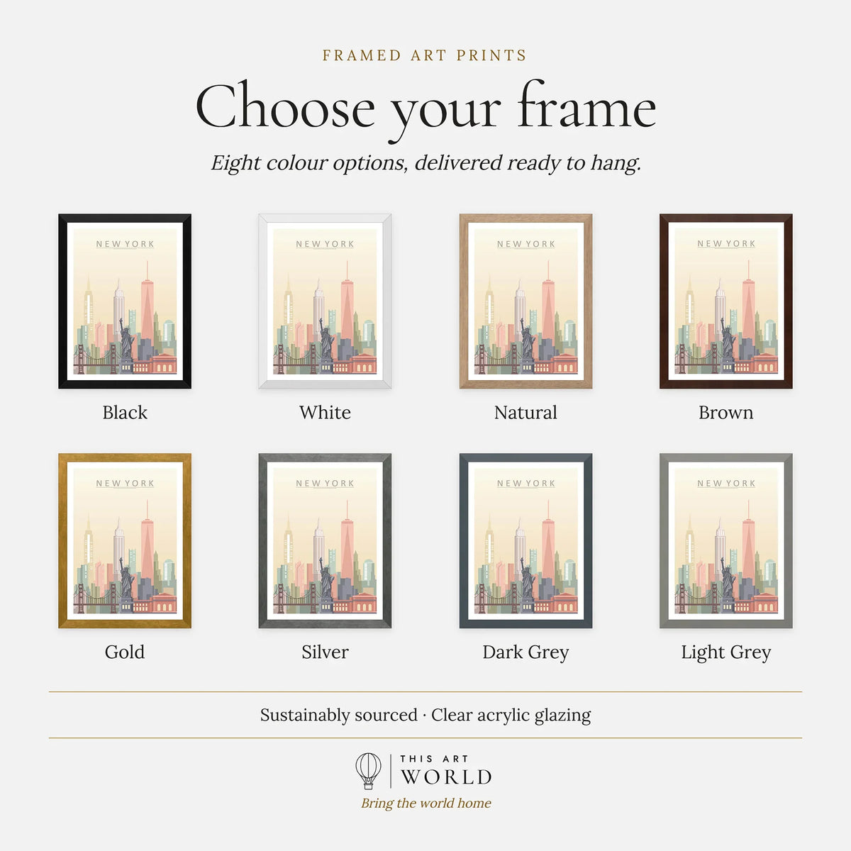 New York city skyline art print, frame colour options for the framed print