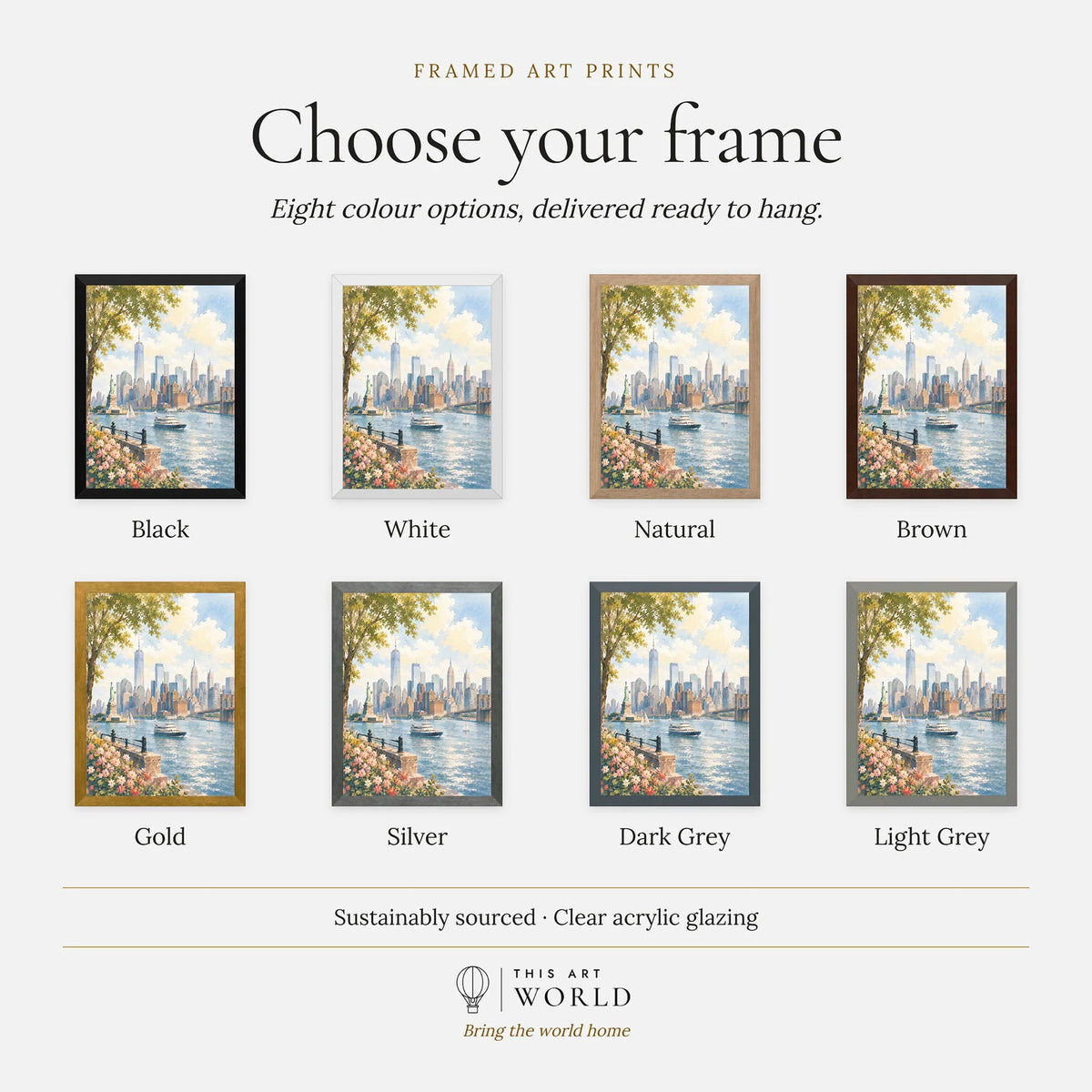 New York Statue of Liberty and Manhattan skyline watercolour art print, frame colour options for the framed print