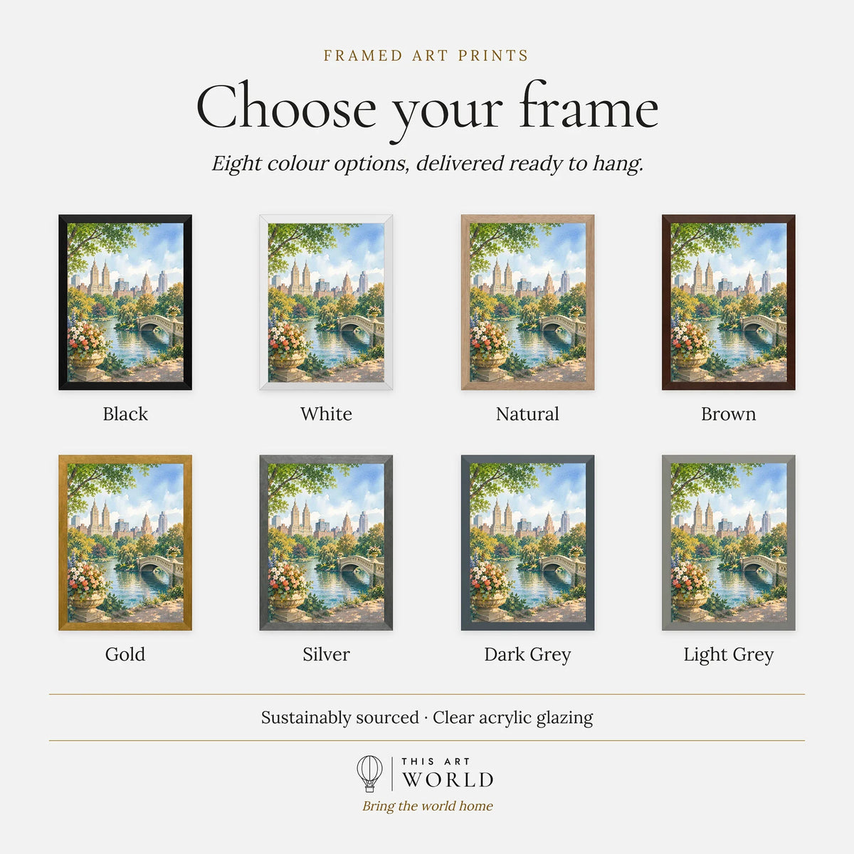 New York Central Park Bow Bridge watercolour art print, frame colour options for the framed print