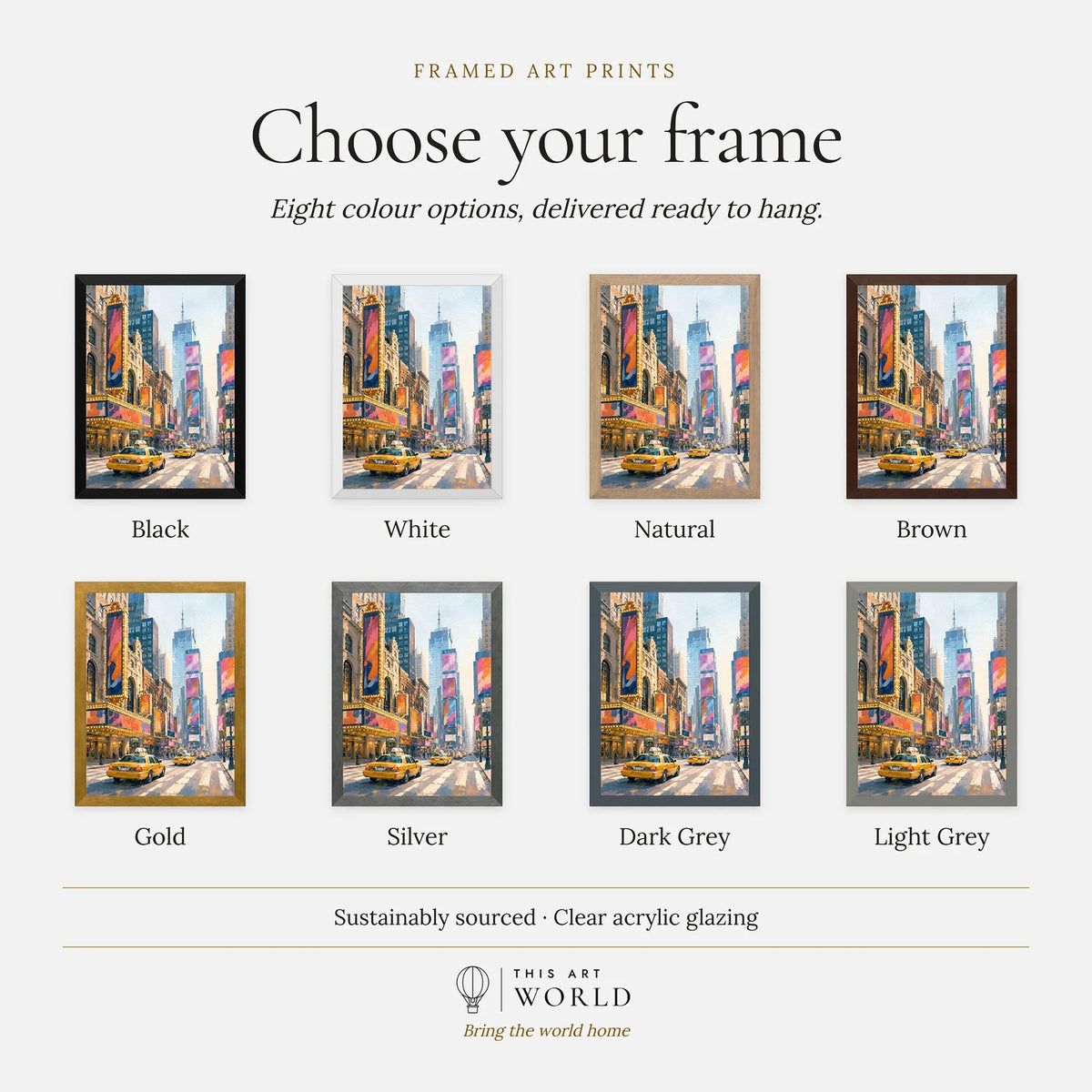 New York Times Square and yellow cabs watercolour art print, frame colour options for the framed print