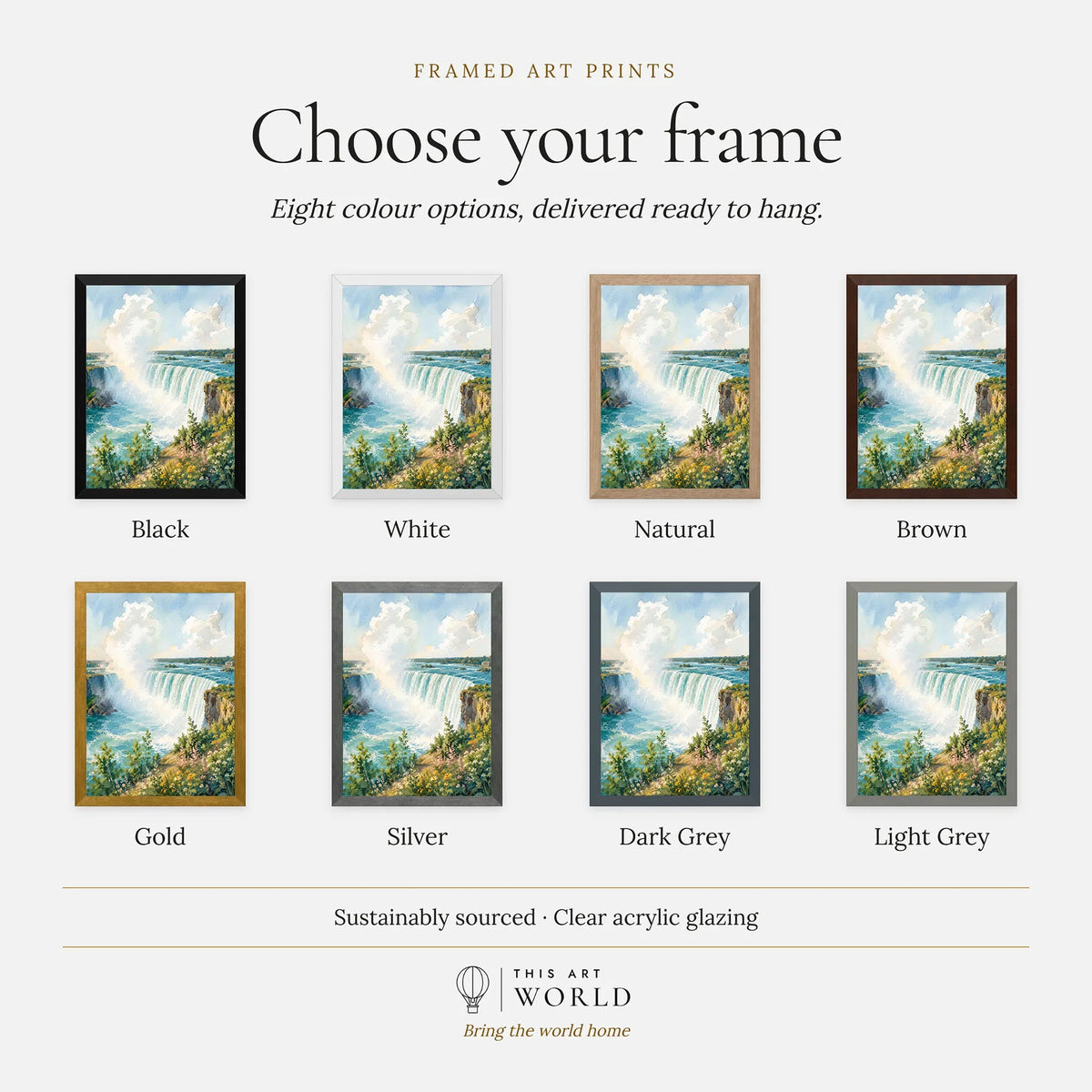 Niagara Falls State Park Horseshoe Falls watercolour art print, frame colour options for the framed print