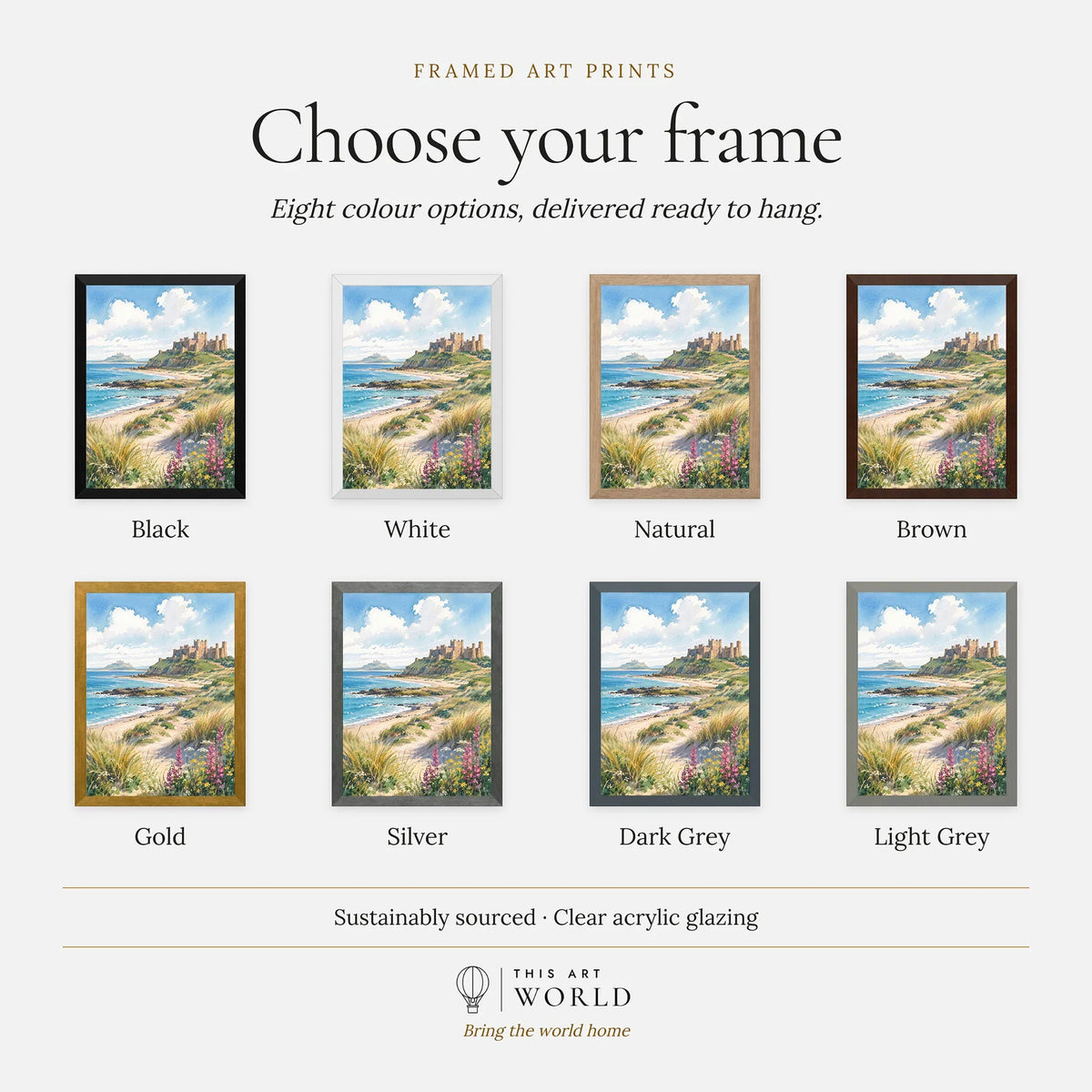 Northumberland Coast Bamburgh Castle and beach watercolour art print, frame colour options for the framed print
