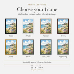 Northumberland Coast Bamburgh Castle and beach watercolour art print, frame colour options for the framed print