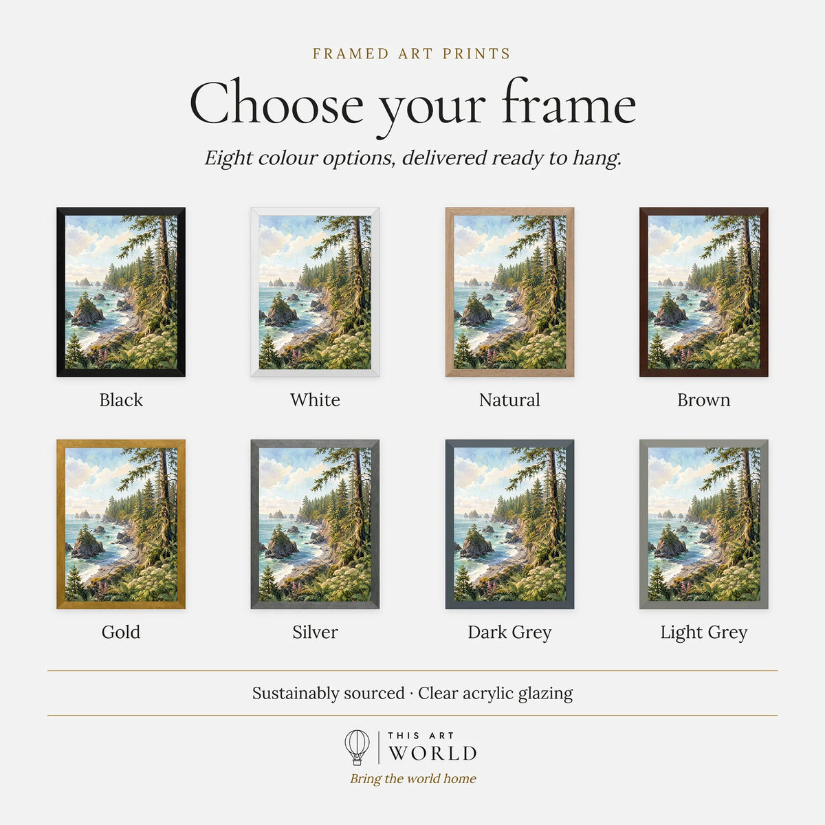 Olympic National Park rugged coast and sea stacks watercolour art print, frame colour options for the framed print