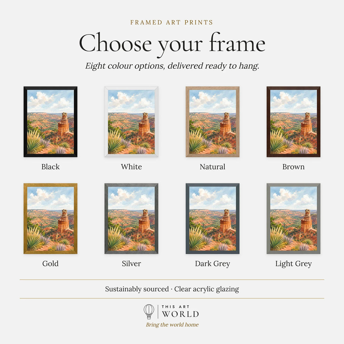 Palo Duro Canyon State Park Lighthouse rock formation watercolour art print, frame colour options for the framed print