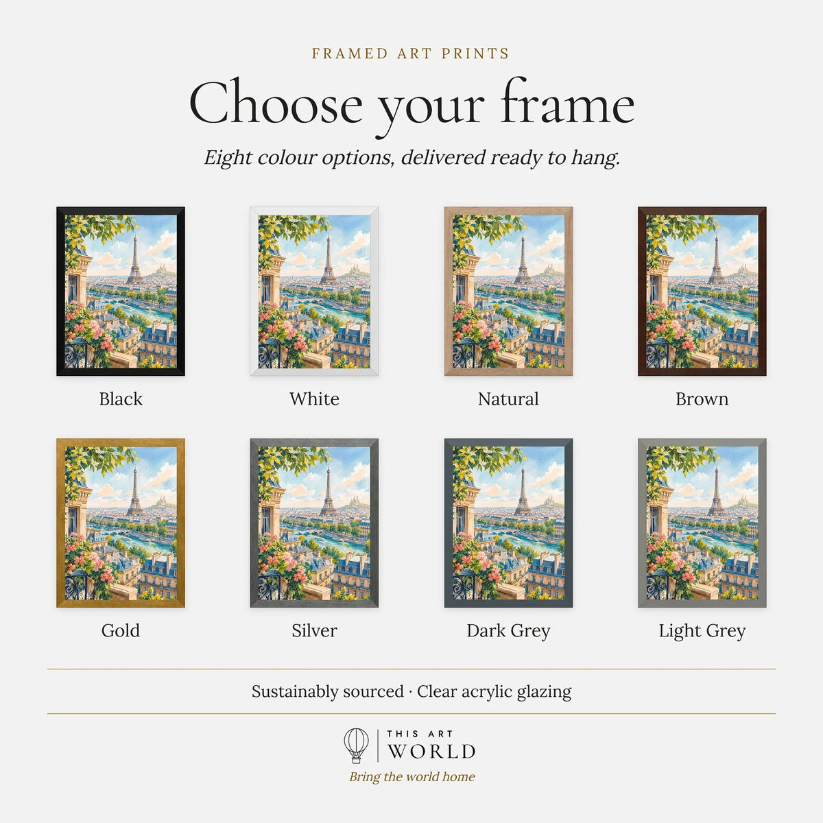 Paris Eiffel Tower and the Seine watercolour art print, frame colour options for the framed print