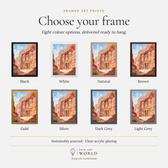 Petra Treasury in the rock watercolour art print, frame colour options for the framed print