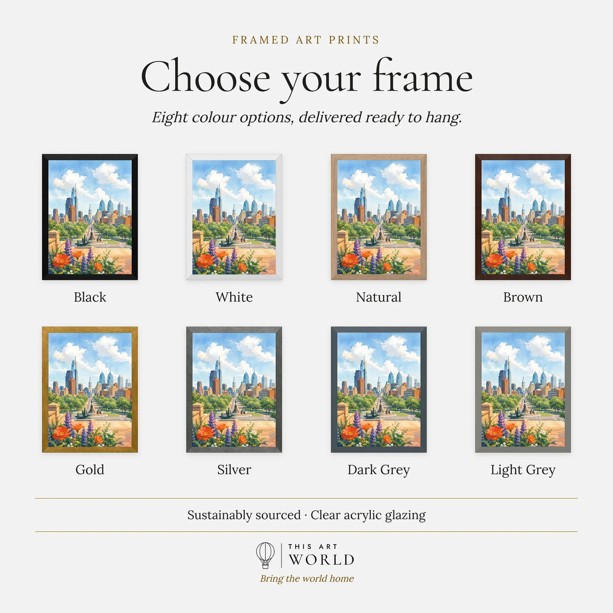 Philadelphia skyline and Ben Franklin Parkway watercolour art print, frame colour options for the framed print