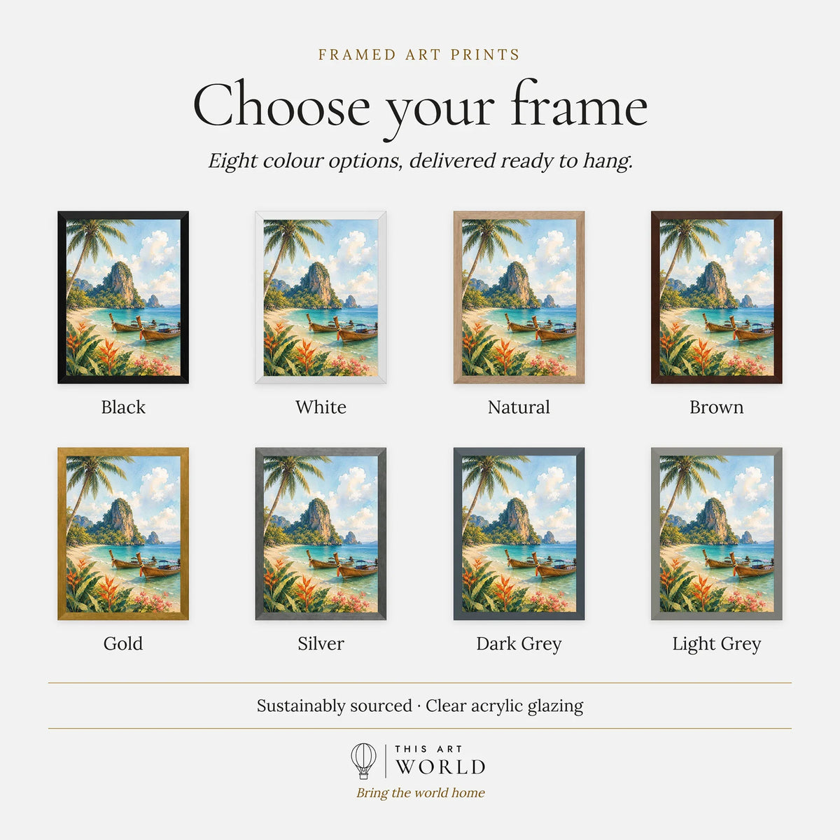 Phuket longtail boats and limestone cliffs watercolour art print, frame colour options for the framed print