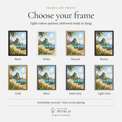 Phuket longtail boats and limestone cliffs watercolour art print, frame colour options for the framed print