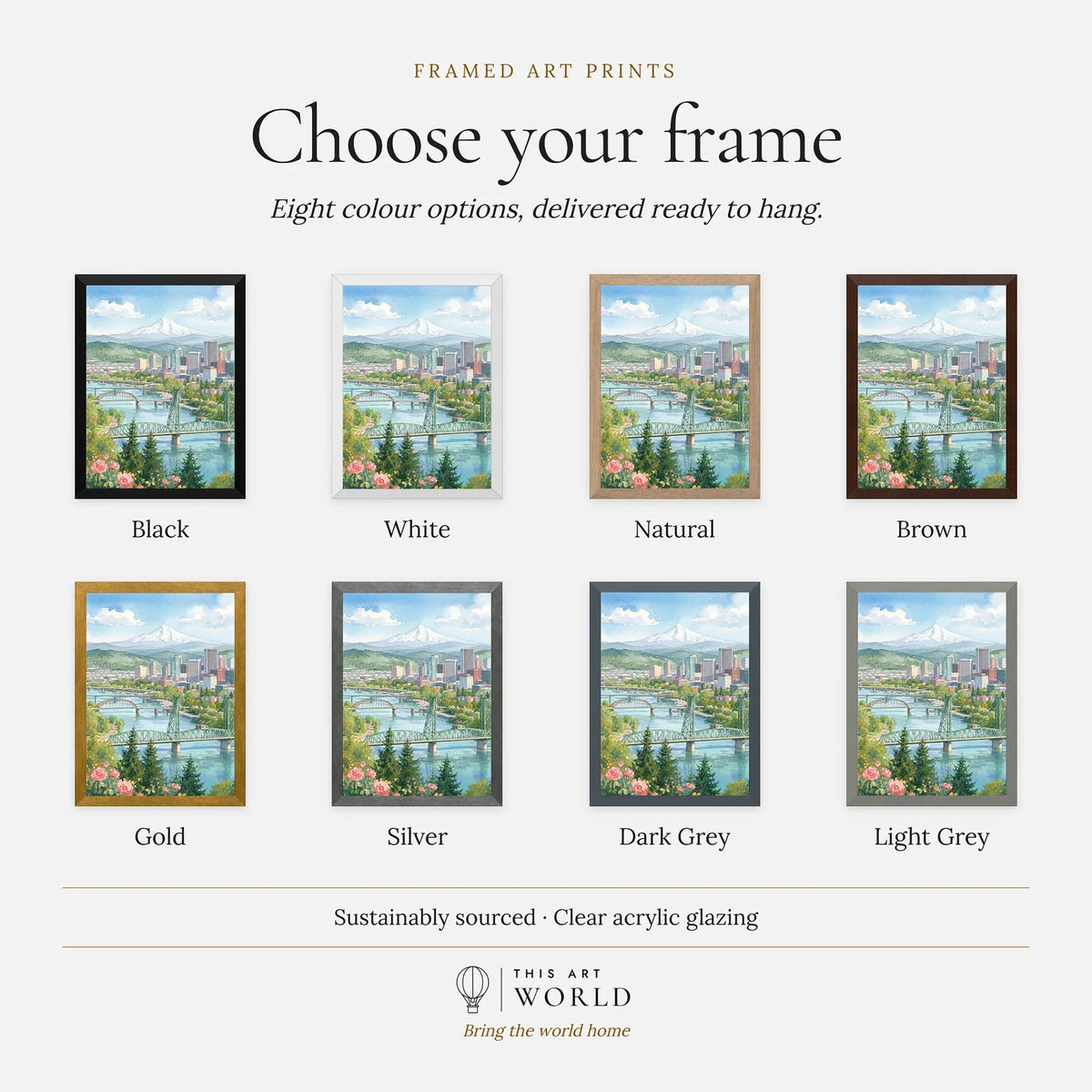 Portland Mount Hood and Willamette bridges watercolour art print, frame colour options for the framed print