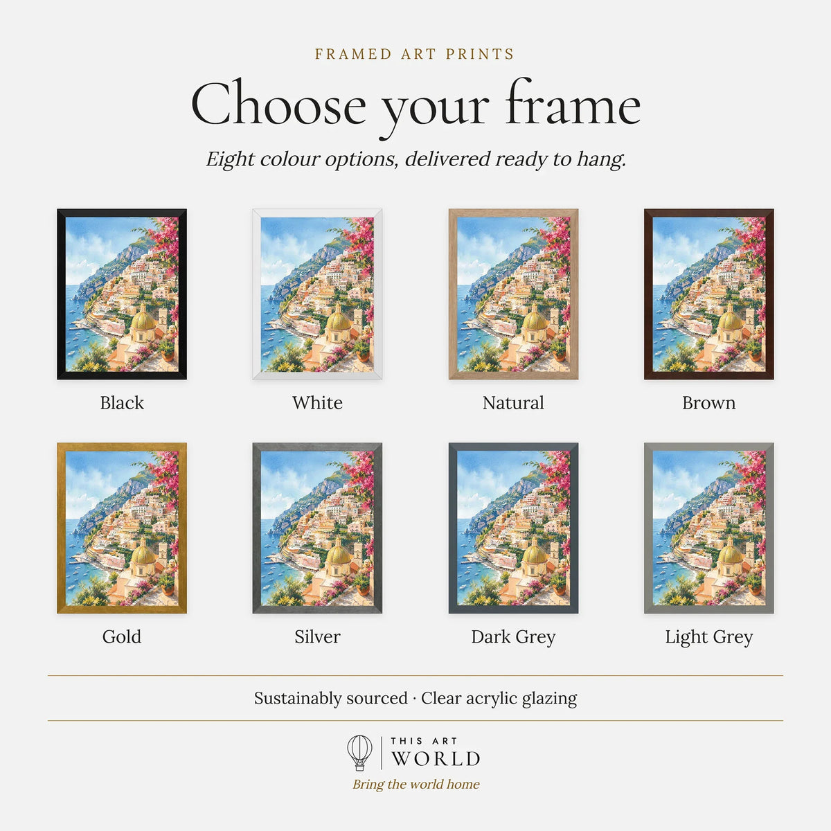 Positano cliffside village and church dome watercolour art print, frame colour options for the framed print