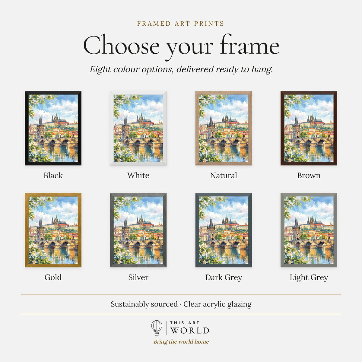Prague Charles Bridge and Prague Castle watercolour art print, frame colour options for the framed print