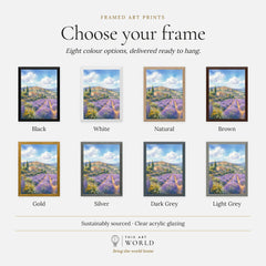 Provence lavender fields and hilltop village watercolour art print, frame colour options for the framed print