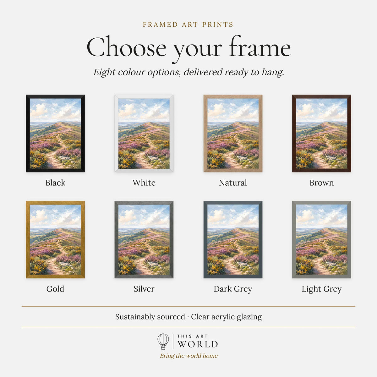 Quantock Hills heather hilltop path watercolour art print, frame colour options for the framed print