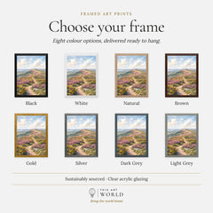 Quantock Hills heather hilltop path watercolour art print, frame colour options for the framed print