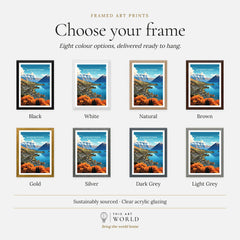 Queenstown New Zealand Lake Wakatipu in autumn vintage travel poster, frame colour options for the framed print