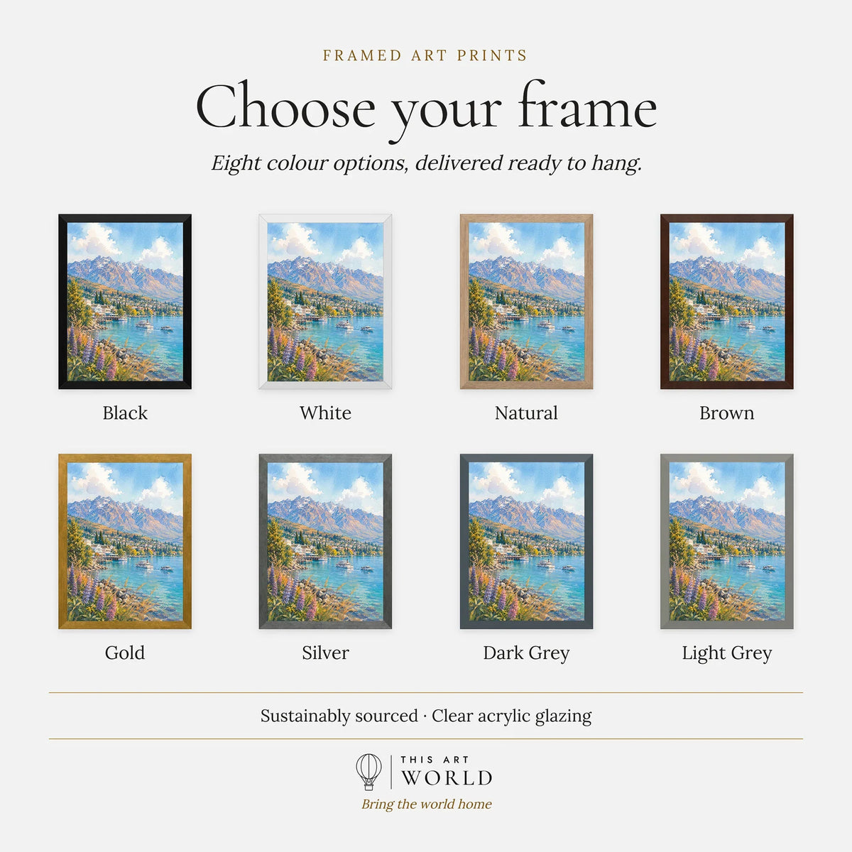 Queenstown Lake Wakatipu, Remarkables and lupins watercolour art print, frame colour options for the framed print