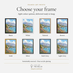 Queenstown Lake Wakatipu, Remarkables and lupins watercolour art print, frame colour options for the framed print
