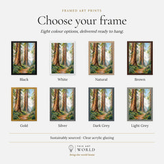 Redwood National Park giant redwoods and forest trail watercolour art print, frame colour options for the framed print