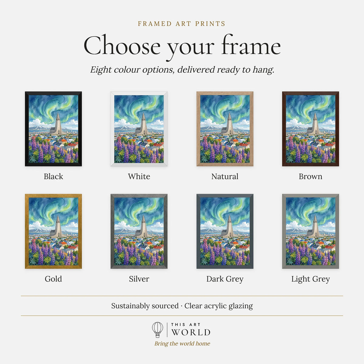 Reykjavik Hallgrímskirkja and northern lights watercolour art print, frame colour options for the framed print