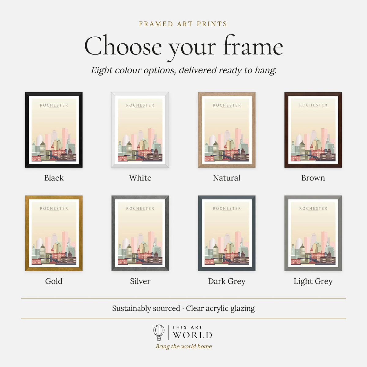 Rochester city skyline art print, frame colour options for the framed print