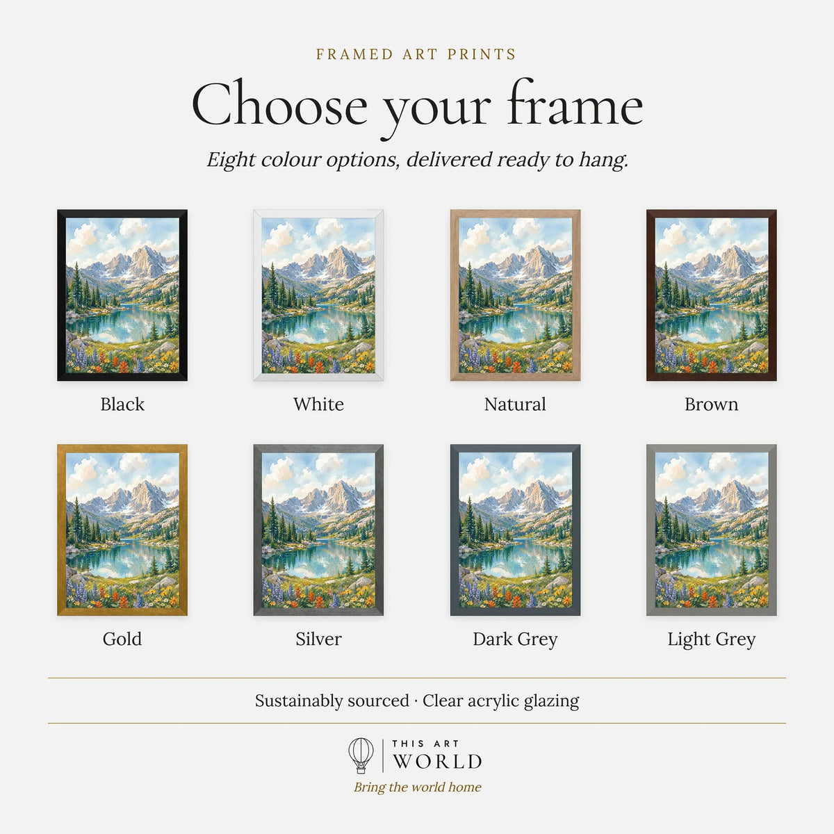 Rocky Mountain National Park alpine lake below rugged peaks watercolour art print, frame colour options for the framed print