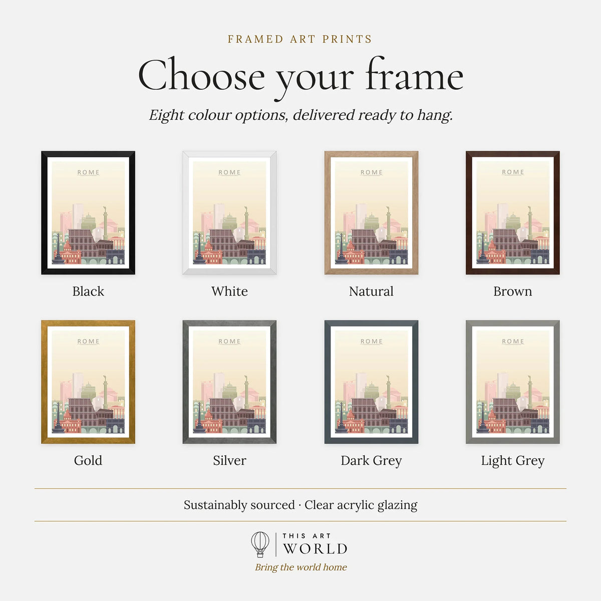 Rome city skyline art print, frame colour options for the framed print