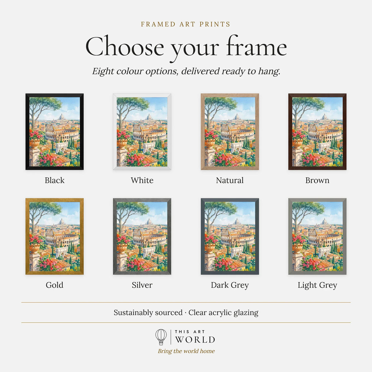 Rome Colosseum and St Peter's dome watercolour art print, frame colour options for the framed print