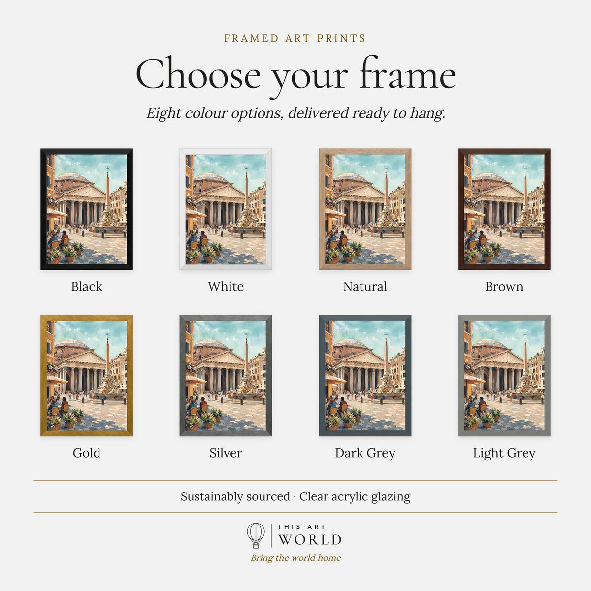 Rome Pantheon and piazza fountain watercolour art print, frame colour options for the framed print